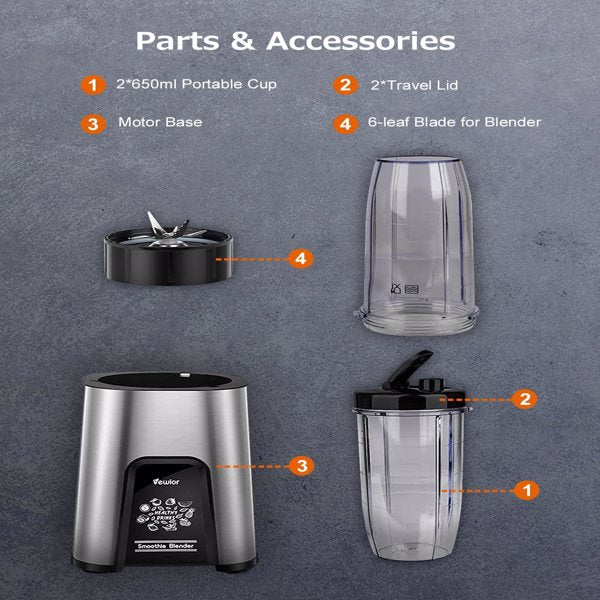 VEWIOR 1000W Smoothie Blender for Shakes and Smoothies, 6 Pieces Personal Blender for Kitchen, 2*23oz+10oz Blender Cups with To-Go Lids for Fruit Vegetables, Beans, Nuts, Spices (available in US)