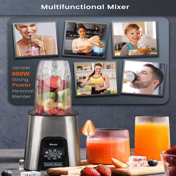 VEWIOR 1000W Smoothie Blender for Shakes and Smoothies, 6 Pieces Personal Blender for Kitchen, 2*23oz+10oz Blender Cups with To-Go Lids for Fruit Vegetables, Beans, Nuts, Spices (available in US)