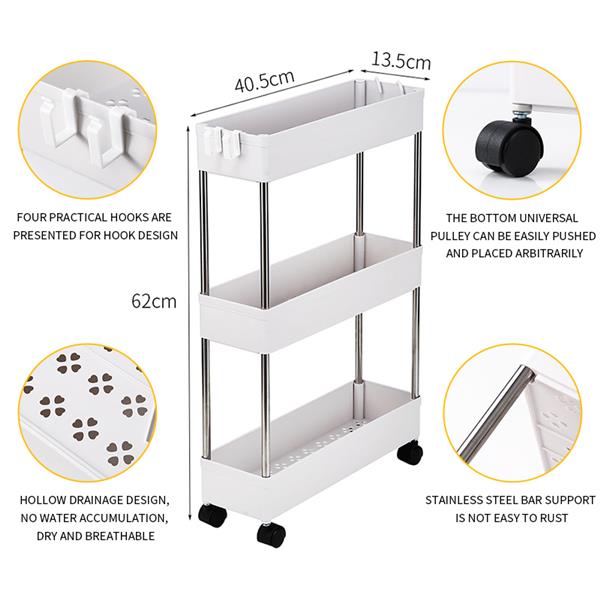 3-Layer Ultra-thin, Mobile Multi-Functional Slim Storage Cart,Suitable for Kitchen, Bathroom, Laundry Room Narrow Place, Plastic and Stainless Steel, White